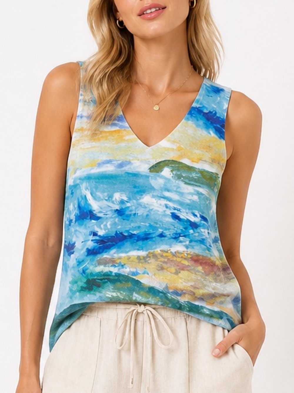 Chico's Beachy Coastal Seascape Wearable Art V-neck Sleeveless Knit Top Size L